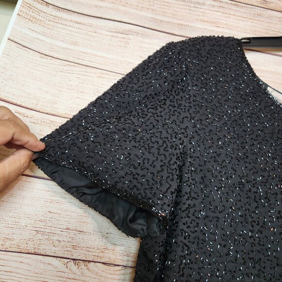 VINTAGE Laurence Kazar Dress Women's 2X Black Beaded Sequin A Line Evening Midi - Picture 4 of 16